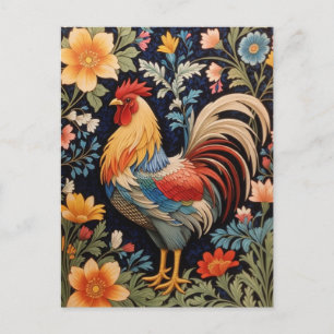 Elegant Rooster on Colorful Floral Background Postcard