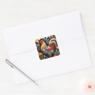Elegant Rooster on Colorful Floral Background Square Sticker