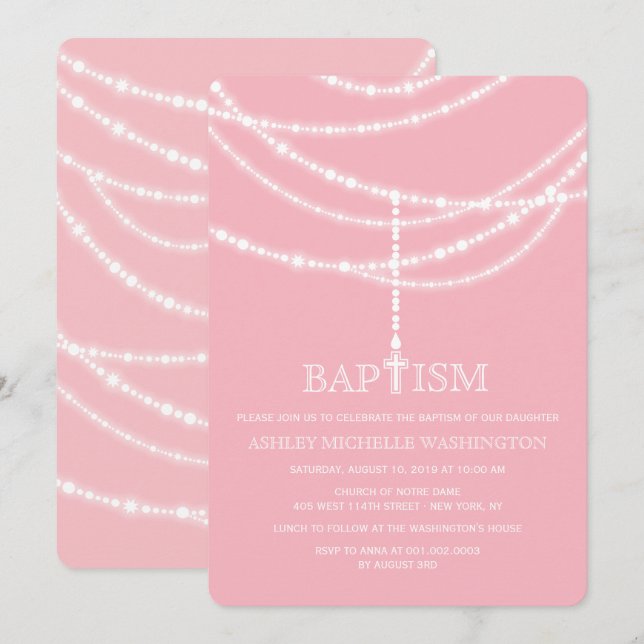 Elegant Rosary Cross Sparkles Baptism Religious Invitation (Front/Back)