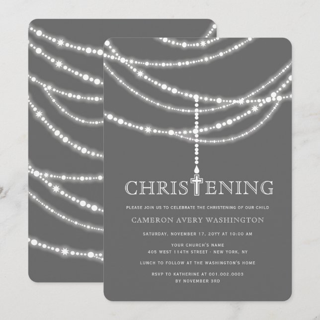 Elegant Rosary Cross Sparkles Christening Invite (Front/Back)