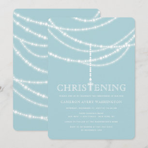 Elegant Rosary Cross Sparkles Christening Invite