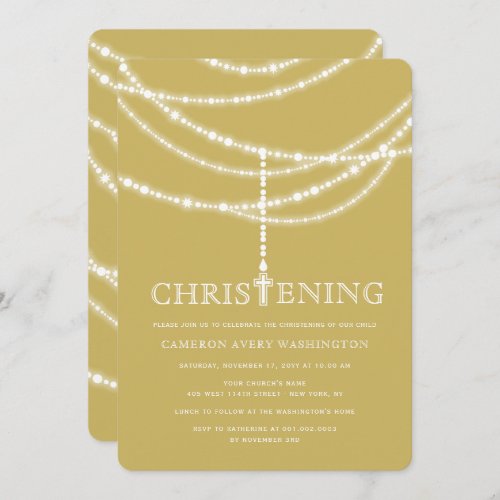 Elegant Rosary Cross Sparkles Christening Invite