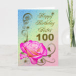 Elegant rose 100th birthday card for Sister<br><div class="desc">An elegant pink rose on a golden scroll work background. A beautiful card that will be sure to please your sister.</div>