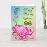 Elegant rose 100th birthday card for Sister<br><div class="desc">An elegant pink rose on a golden scroll work background. A beautiful card that will be sure to please your sister on her 96th birthday.</div>