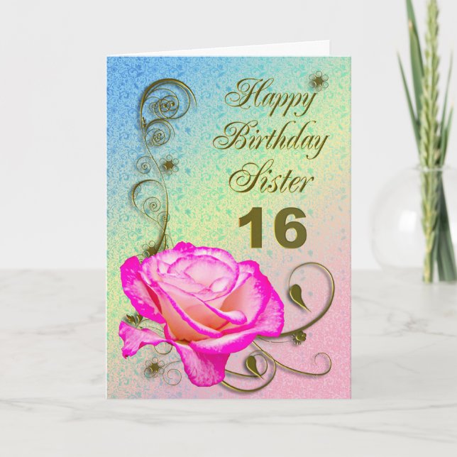 Elegant rose 16th birthday card for Sister (Front)