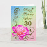 Elegant rose 30th birthday card for Sister<br><div class="desc">An elegant pink rose on a golden scroll work background. A beautiful card that will be sure to please your sister on her 30th birthday.</div>