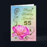 Elegant rose 55th birthday card for Grandma<br><div class="desc">An elegant pink rose on a golden scroll work background. A beautiful card that will be sure to please your Grandma on her 55th birthday.</div>