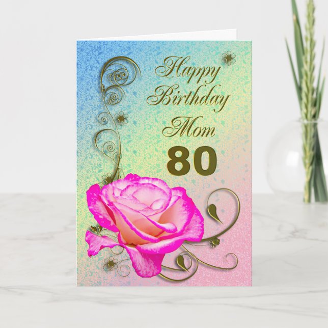 Elegant rose 80th birthday card for Mom (Front)