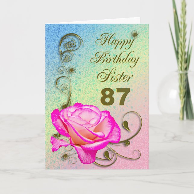 Elegant rose 87th birthday card for Sister (Front)