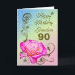 Elegant rose 90th birthday card for Grandma<br><div class="desc">An elegant pink rose on a golden scroll work background. A beautiful card that will be sure to please your Grandma on her 90th birthday.</div>