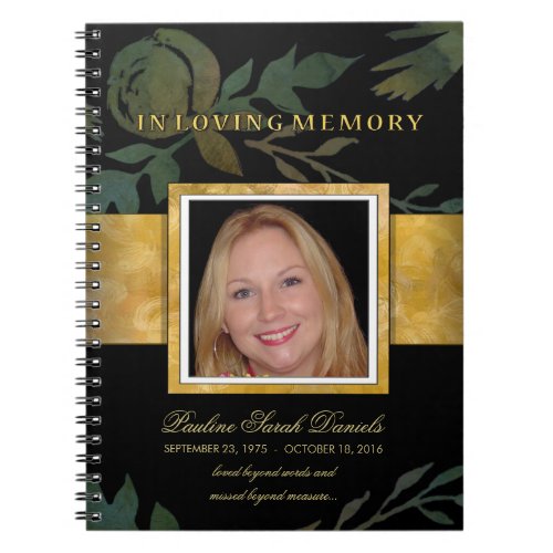 Elegant Rose Black Gold Memorial Funeral Guestbook Notebook