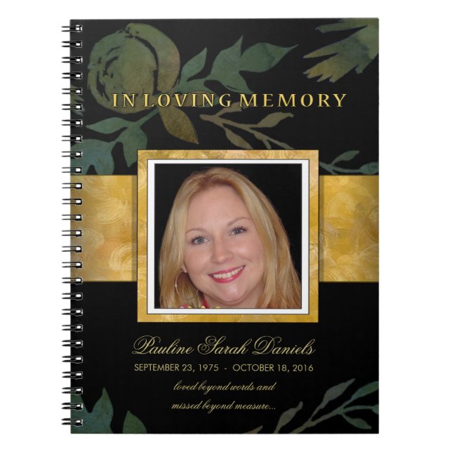 Elegant Rose Black Gold Memorial Funeral Guestbook Notebook (Front)