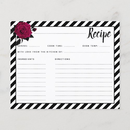 Elegant Rose Black Stripes Goth Bridal Recipe Card