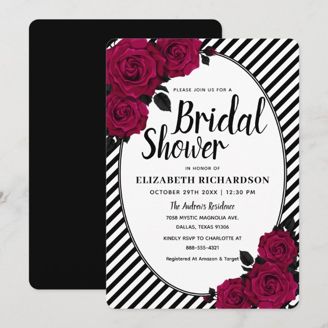 Elegant Rose Black Stripes Gothic Bridal Shower Invitation (Front/Back)