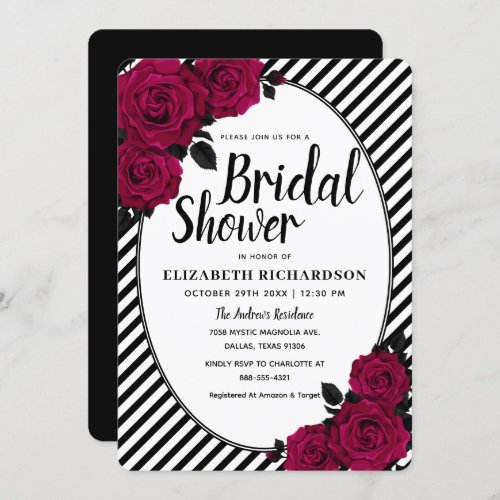 Elegant Rose Black Stripes Gothic Bridal Shower Invitation