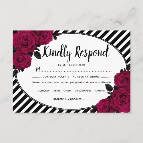 Elegant Rose Black Stripes Gothic Wedding RSVP Enclosure Card