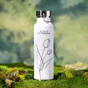 Elegant Rose Black White Trendy Floral Custom Name Water Bottle