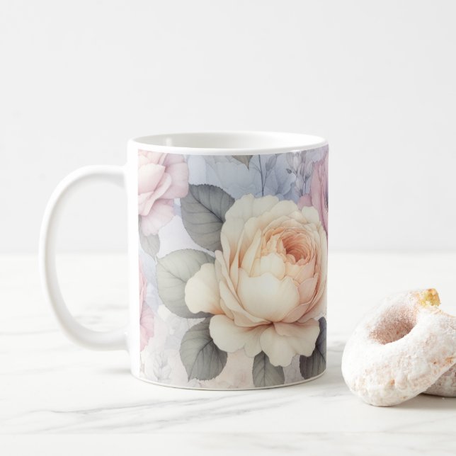 Elegant Rose Blossoms Coffee Mug (With Donut)