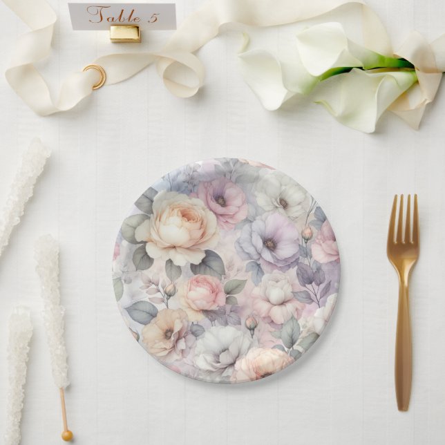 Elegant Rose Blossoms Paper Plates (Wedding)