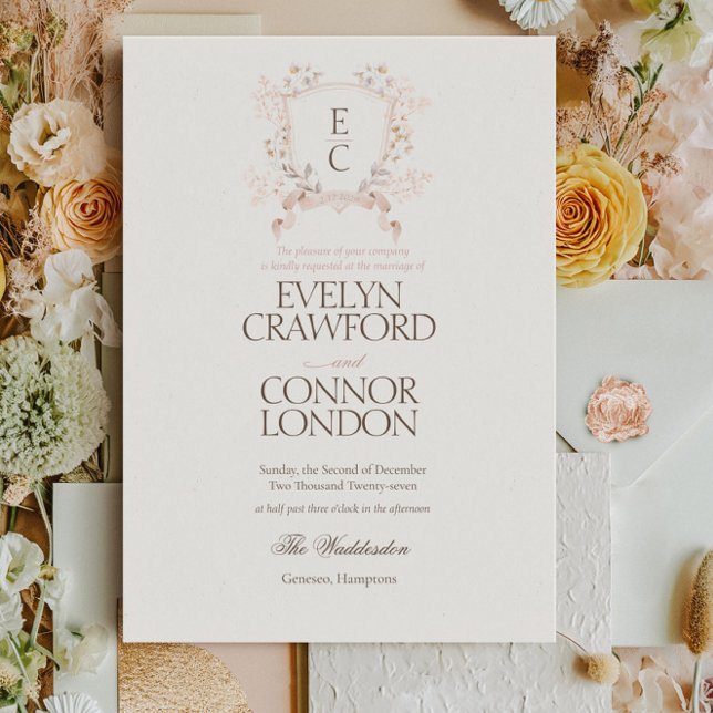 Elegant Rose Blush Floral Crest Wedding Invitation (Creator Uploaded)