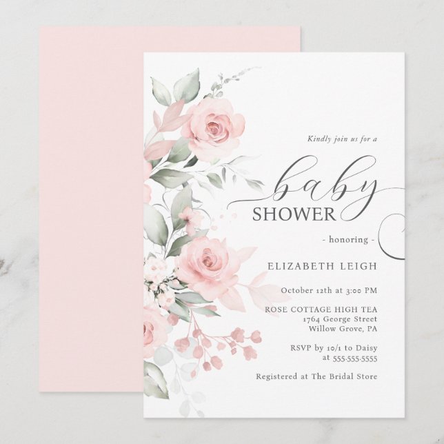 Elegant Rose Blush Pink Baby Shower  Invitation (Front/Back)