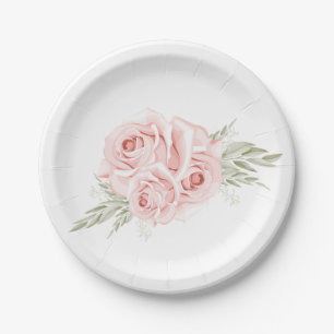 Elegant Rose Blush Pink Floral Wedding Party Paper Plates