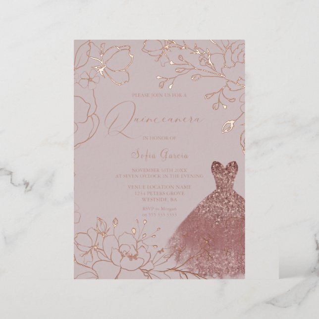 Elegant Rose & Blush Quinceanera Rose Gold  Foil Invitation (Standing Front)
