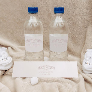 Elegant Rose botanical crest monogram wedding Water Bottle Label