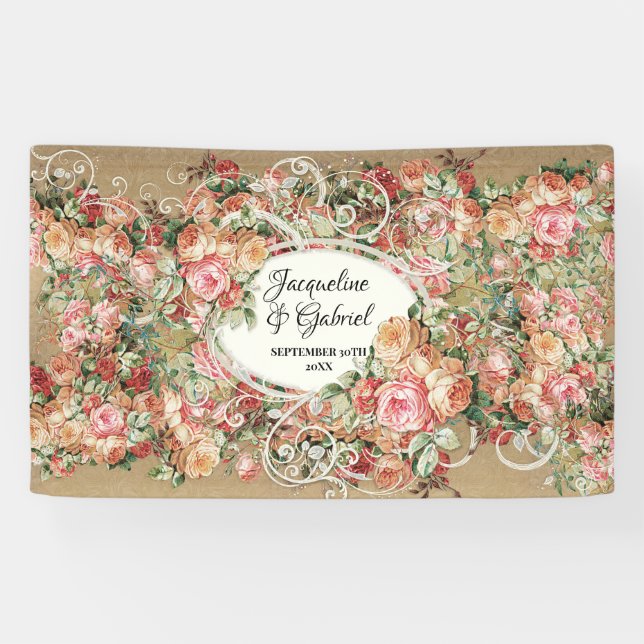 Elegant Rose Bouquet Gold Vintage Bridal Shower Banner (Horizontal)