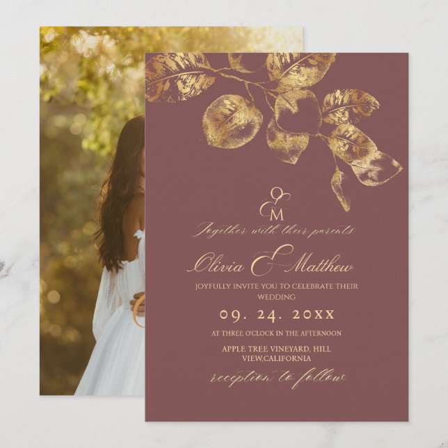 Elegant Rose Brown Pantone Gold Wedding Invitation (Front/Back)