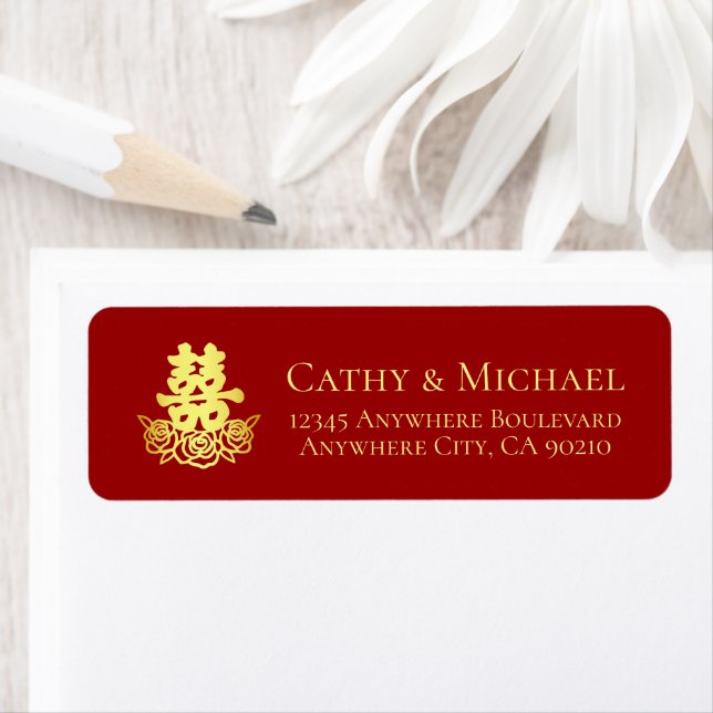 Elegant rose Chinese wedding return address Label (Insitu)