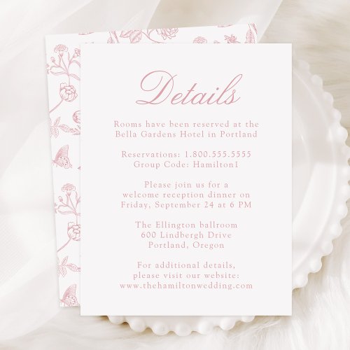 Elegant Rose Chinoiserie Floral Wedding Details Enclosure Card