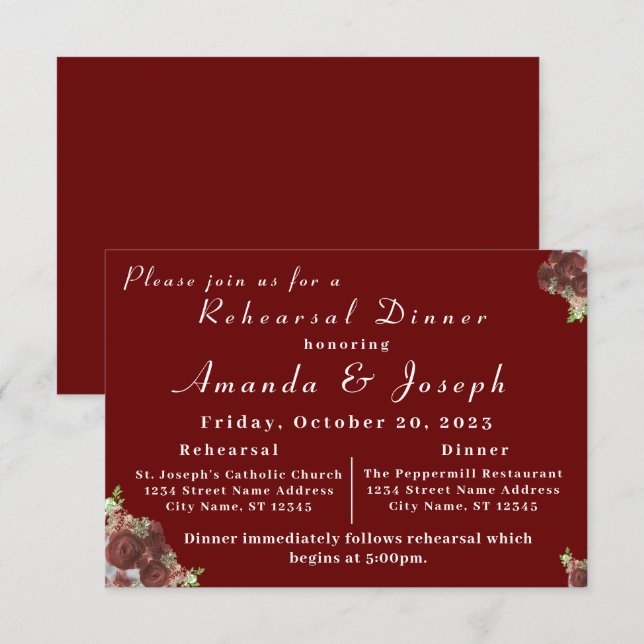 Elegant Rose Corsage Rehearsal Dinner Invitation (Front/Back)