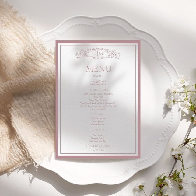 Elegant Rose Crest Botanical Monogram Wedding Menu (Creator Uploaded)