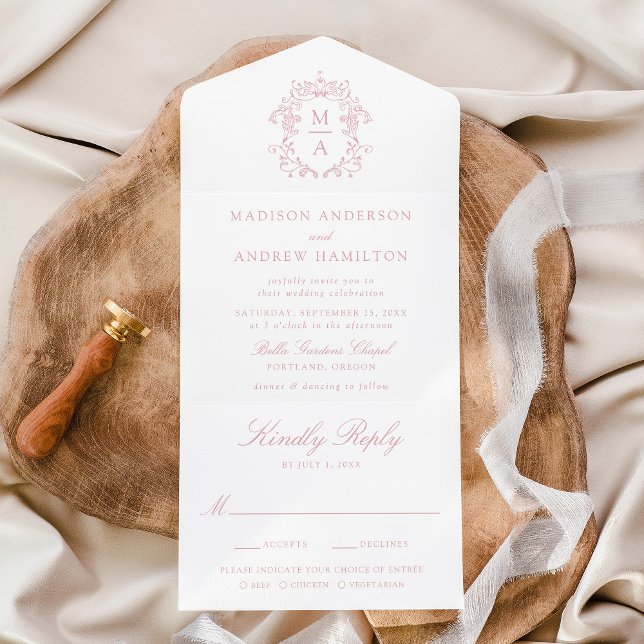 Elegant Rose Crest Chinoiserie Monogram Wedding All In One Invitation (Creator Uploaded)