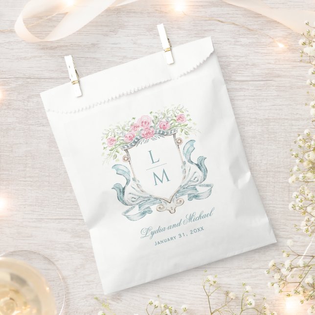 Elegant Rose Crest w/ Bow | Monogram Wedding Favor Bag (Clipped)