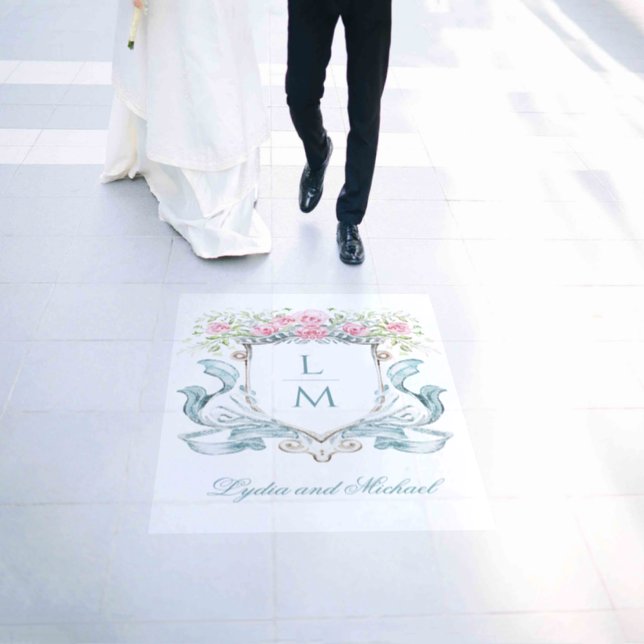 Elegant Rose Crest w/ Bow | Monogram Wedding Floor Decals (Wedding)