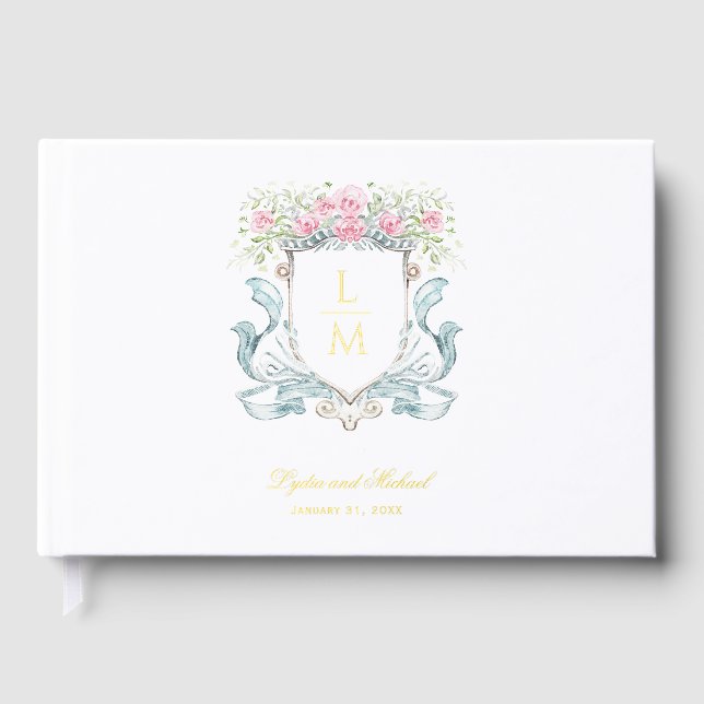 Elegant Rose Crest w/ Bow | Monogram Wedding Foil Guest Book (Front)