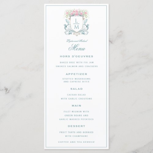 Elegant Rose Crest w Bow  Monogram Wedding  Menu