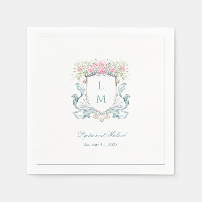 Elegant Rose Crest w/ Bow | Monogram Wedding Napkins (Front)