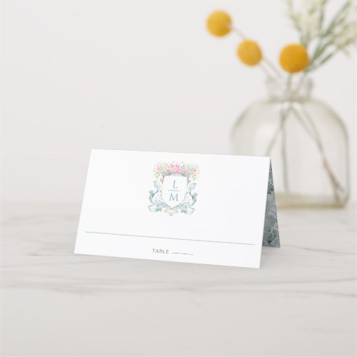 Elegant Rose Crest w Bow  Monogram Wedding Place Card