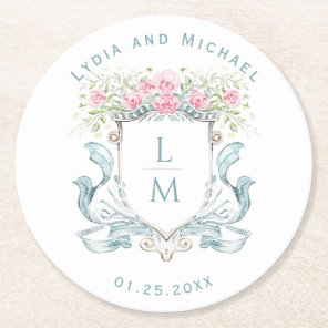 Elegant Rose Crest w/ Bow | Monogram Wedding Round Paper Coaster