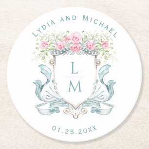 Elegant Rose Crest w/ Bow   Monogram Wedding Round Paper Coaster