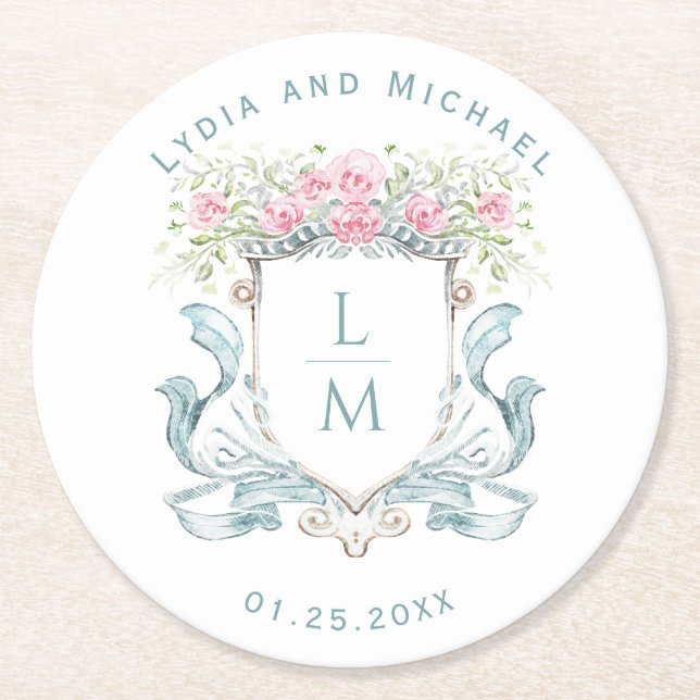 Elegant Rose Crest w/ Bow | Monogram Wedding Round Paper Coaster (Front)