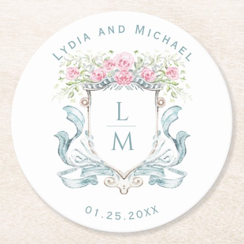 Elegant Rose Crest w Bow  Monogram Wedding Round Paper Coaster