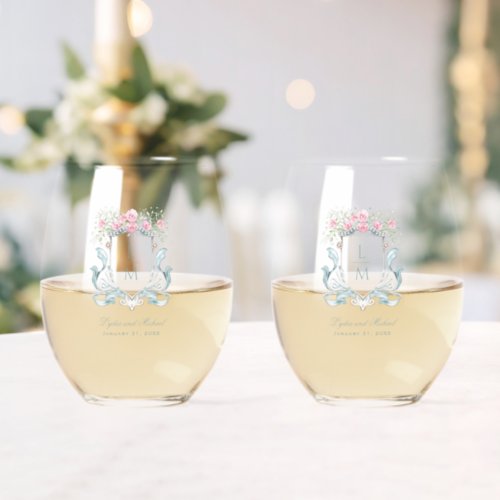 Elegant Rose Crest w Bow  Monogram Wedding Stemless Wine Glass