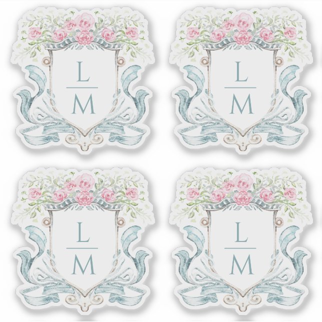 Elegant Rose Crest w/ Bow | Monogram Wedding Sticker (Front)
