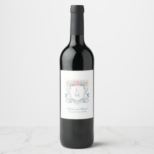 Elegant Rose Crest w Bow  Monogram Wedding Wine Label