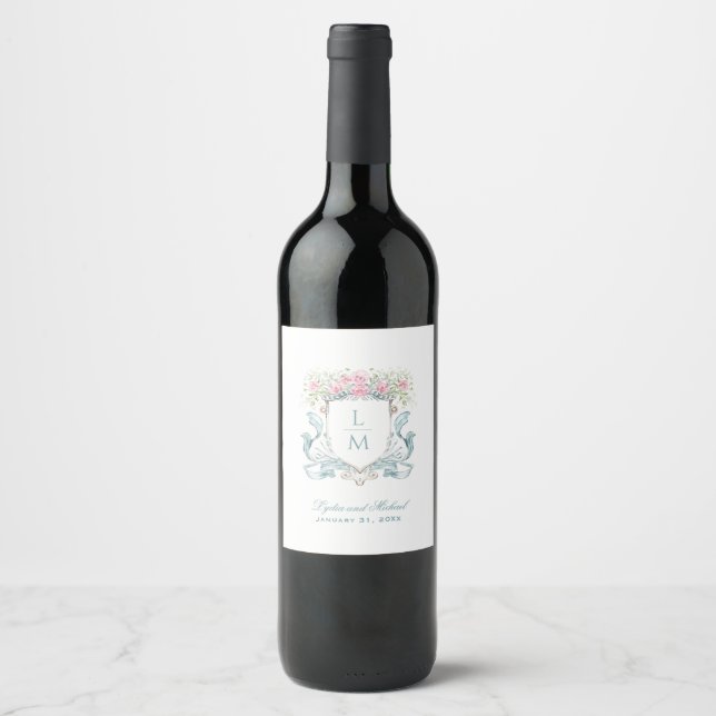 Elegant Rose Crest w/ Bow | Monogram Wedding Wine Label (Front)