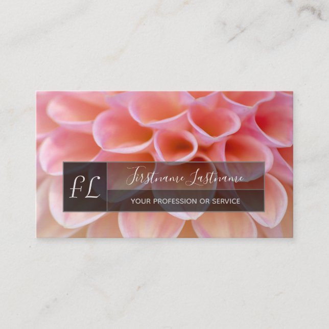 Elegant rose dahlia flower gray rectangle monogram business card (Front)